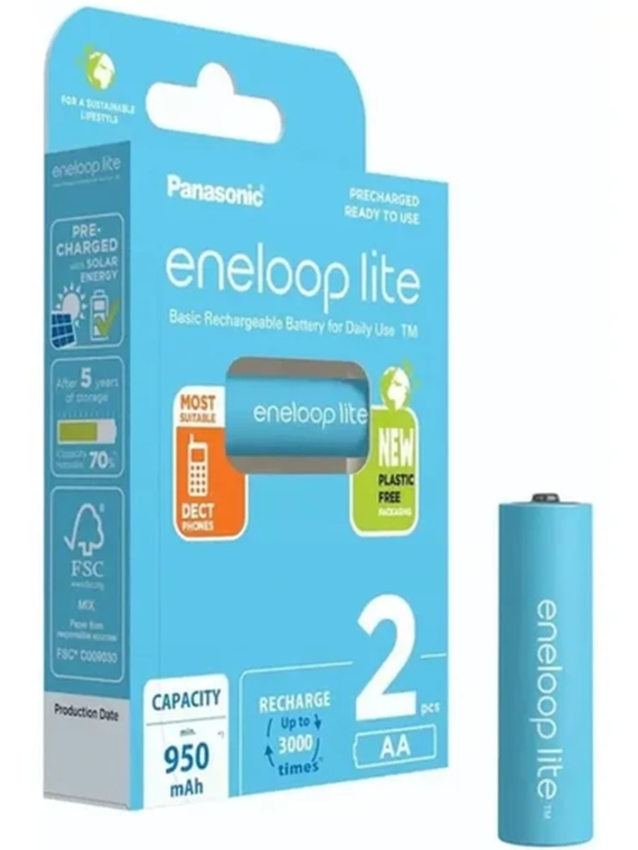 Аккумулятор Panasonic Eneloop Lite BK-3LCCE/2BE, тип AA, 950 мА·ч, Ni-MH, блистер 2 шт