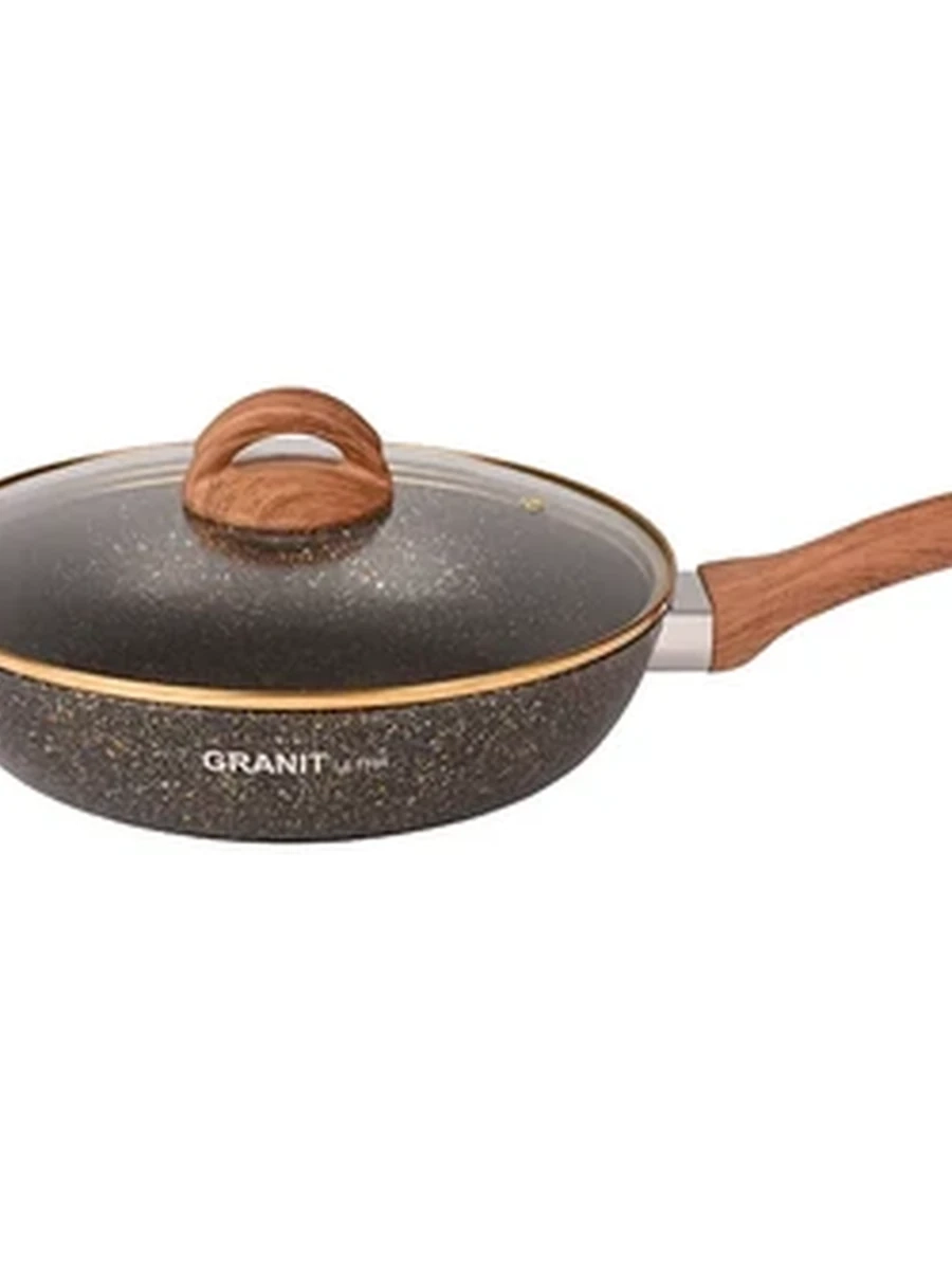 Сковорода Kukmara 260мм с ручкой,стекл.крышкой, АП линия Granit ultra (black-gold)