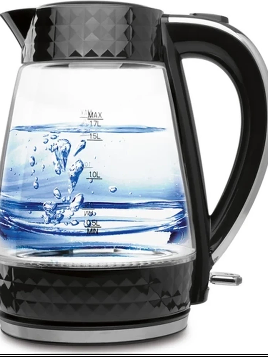 Электрочайник Polaris PWK 1704CGL Diamond [пластик, термостойкое стекло, 1.7 л, 2200 Вт, фильтр, скрытый нагревательный элемент, черный, серебристый]
