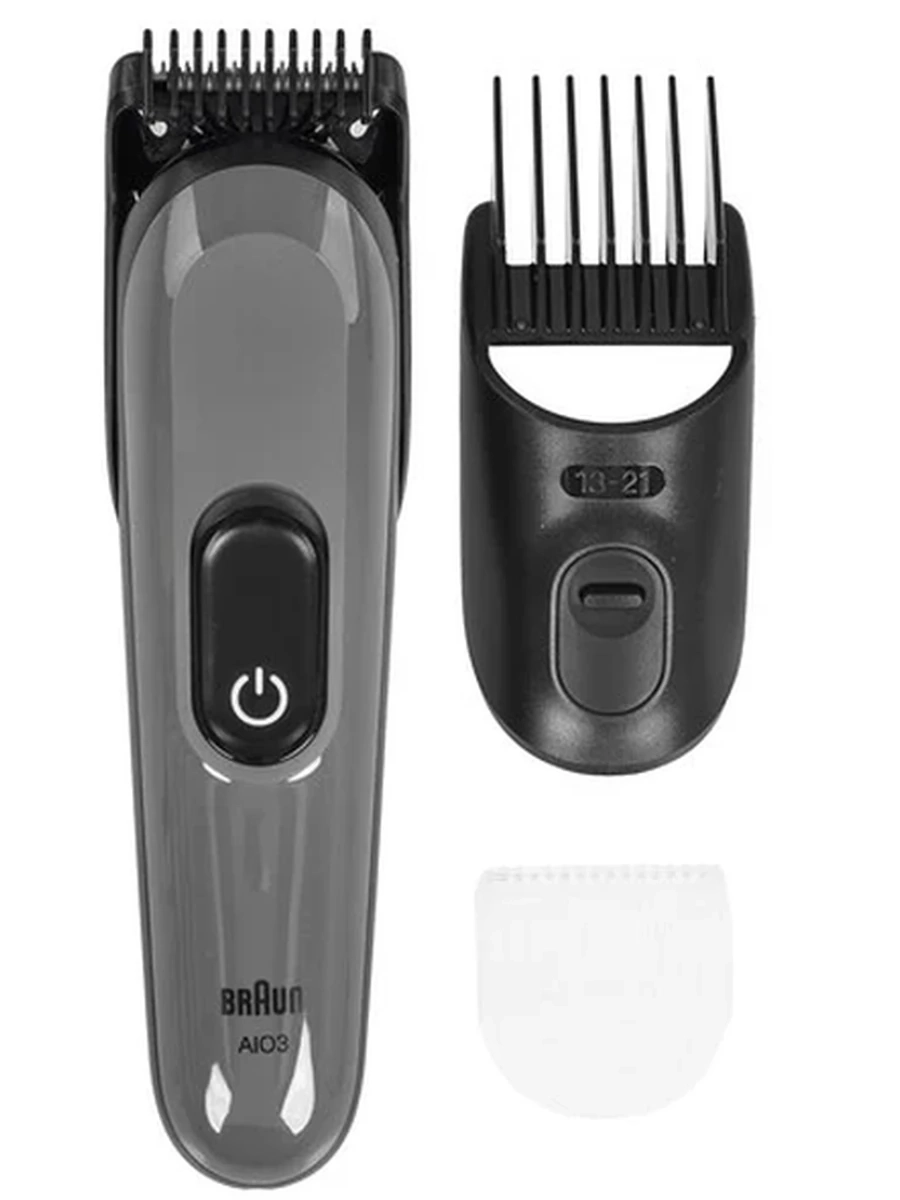 Триммер Braun AIO3500 серый/черный [длина стрижки до 21 мм, насадок - 3 шт, питание - от аккумулятора/от сети]