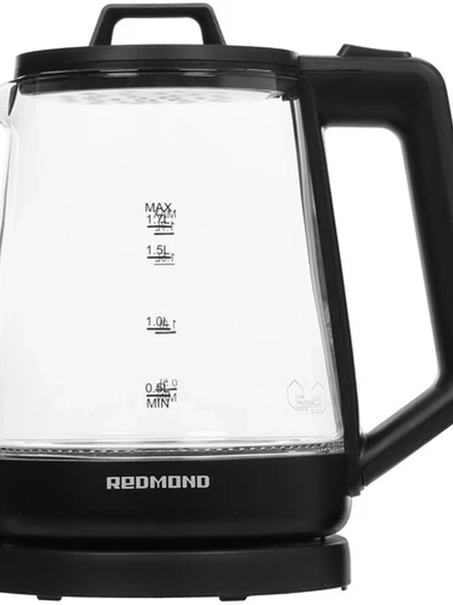 Электрочайник Redmond RK-G191 [термостойкое стекло, 1.7 л, 2200 Вт, скрытый нагревательный элемент, черный, прозрачный]