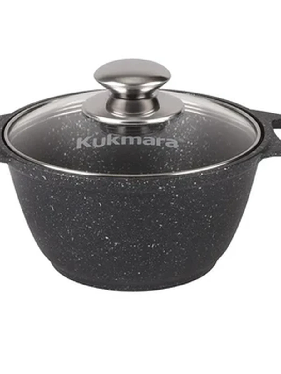 Кастрюля Kukmara 1л с антипригарным покрытием (темный мрамор) со стеклянной крышкой