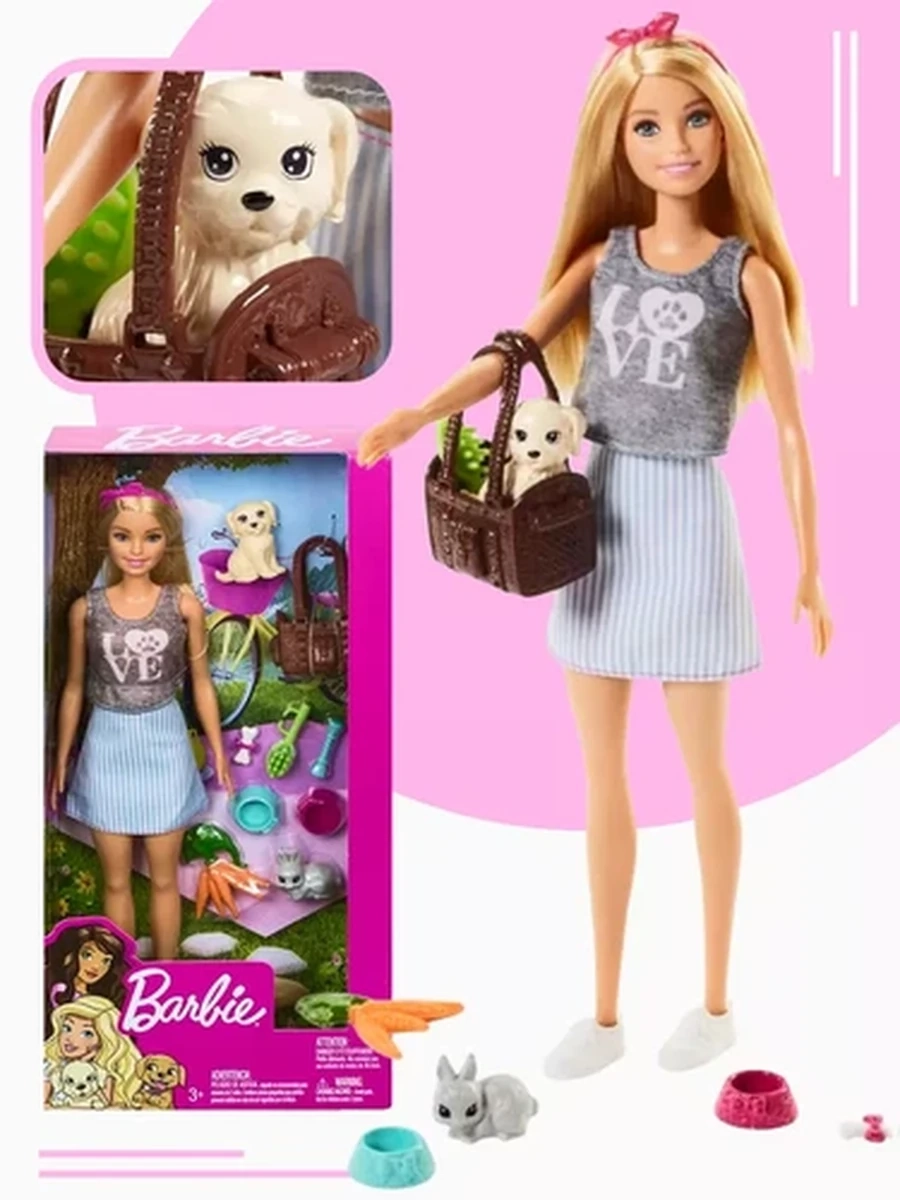 Кукла Barbie Family Блондинка с питомцем FPR48, 29 см