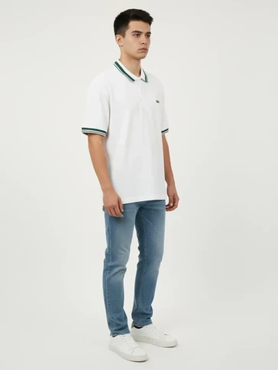 lМужская футболка-поло Lacoste белая с зелеными полосками Relaxed Fit