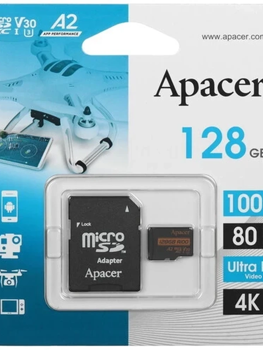 Карта памяти Apacer [microSDXC, V30, A2, 128 Gb, 100 Mb/s, адаптер]