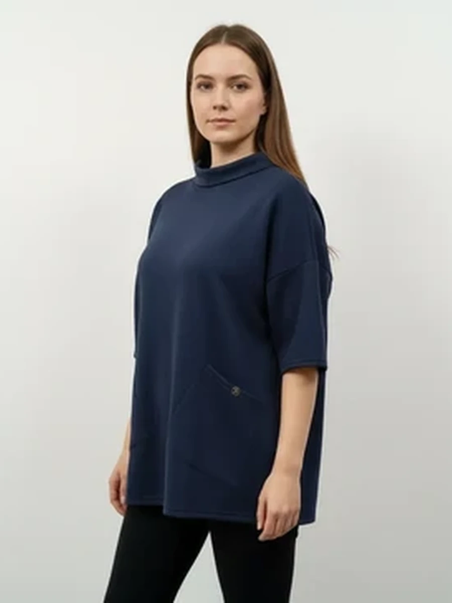 Женская футболка-блузка оверсайз темно-синяя с коротким рукавом и карманами