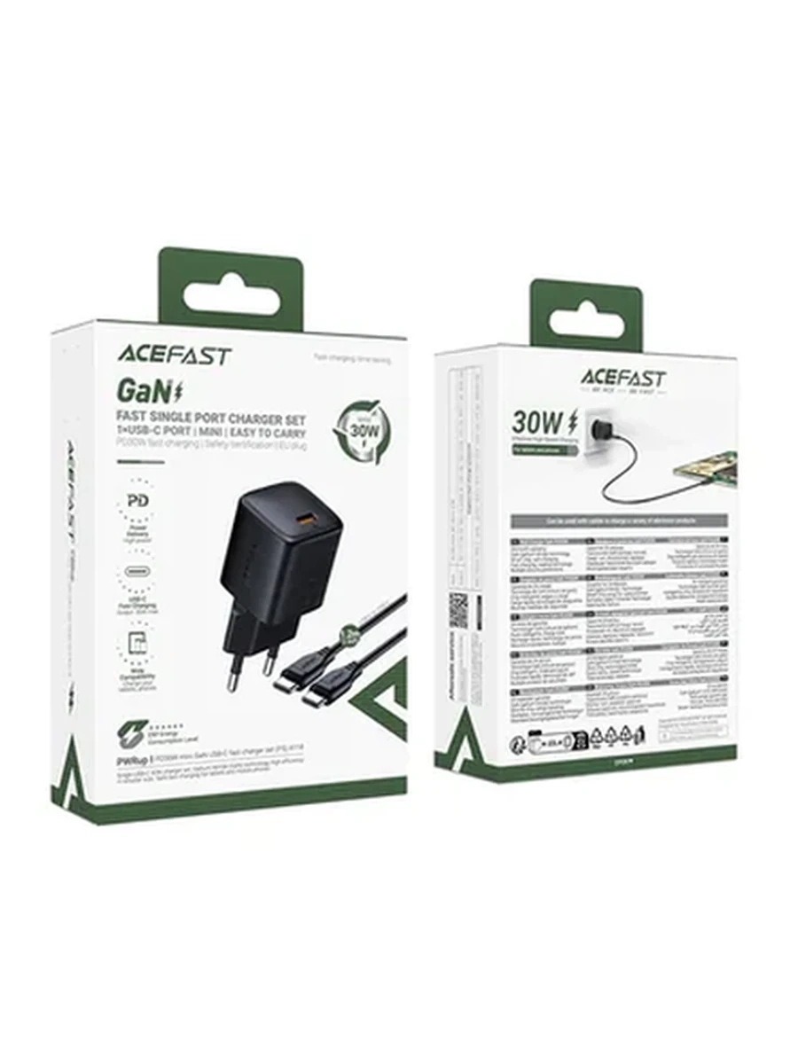 Сетовое Зарядное Устройство ACEFAST A118 PD30W mini GaN USB-C fast charger set (P5),black (EU)