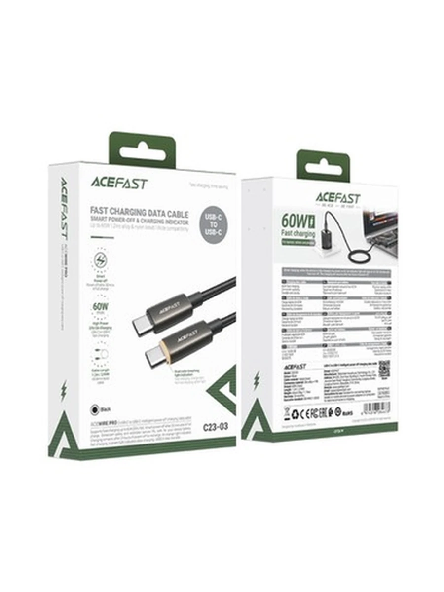 USB Кабель ACEFAST C23-03 USB-C to USB-C intelligent power-off charging data cable,black