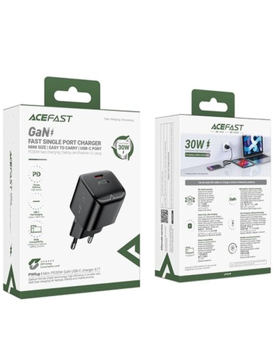 Сетевые адаптеры ACEFAST A77  PD30W GaN USB-C charger,black (EU)