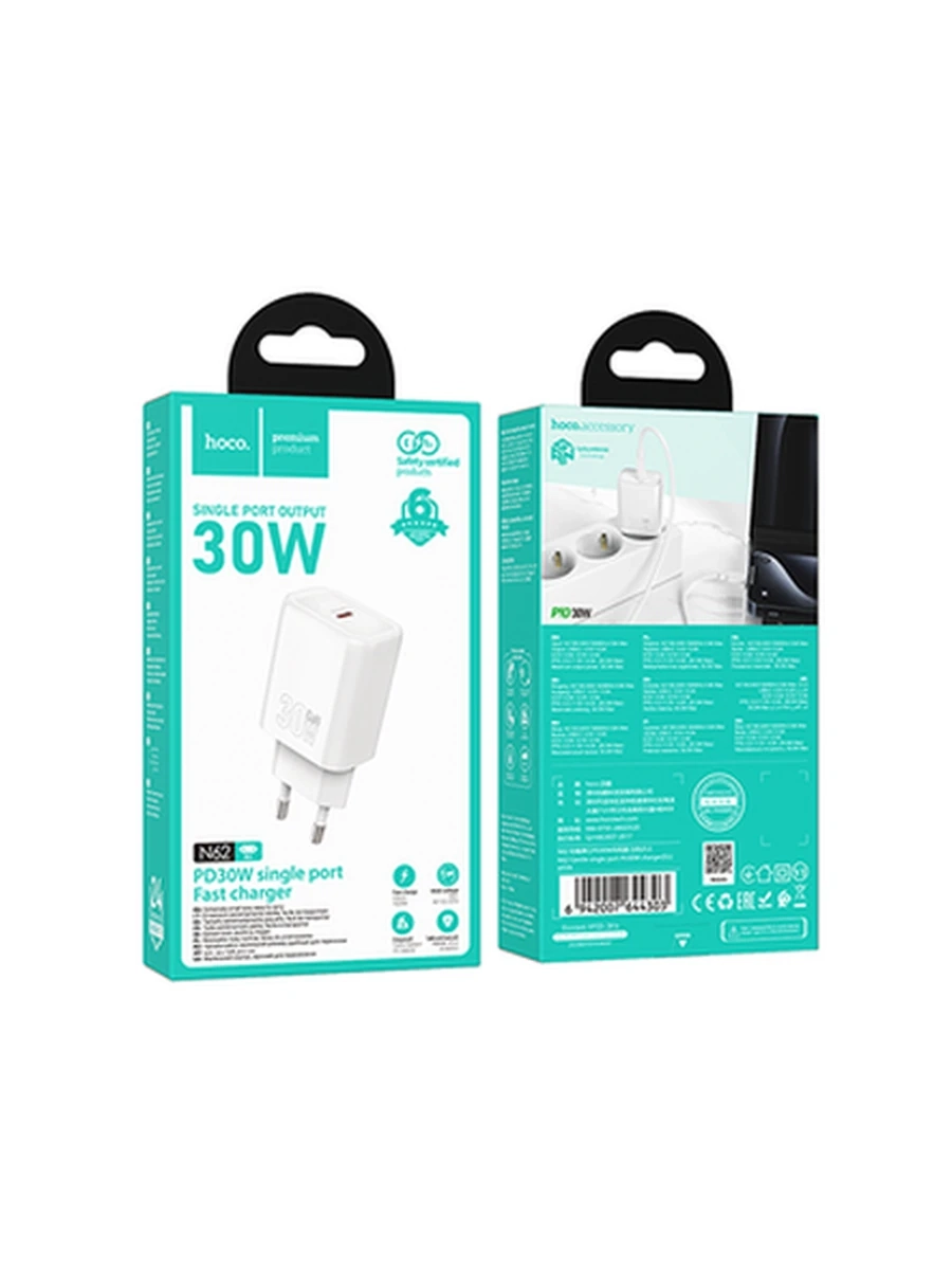 Сетевые адаптеры HOCO N62 Gentle single port PD30W charger(EU)(White)