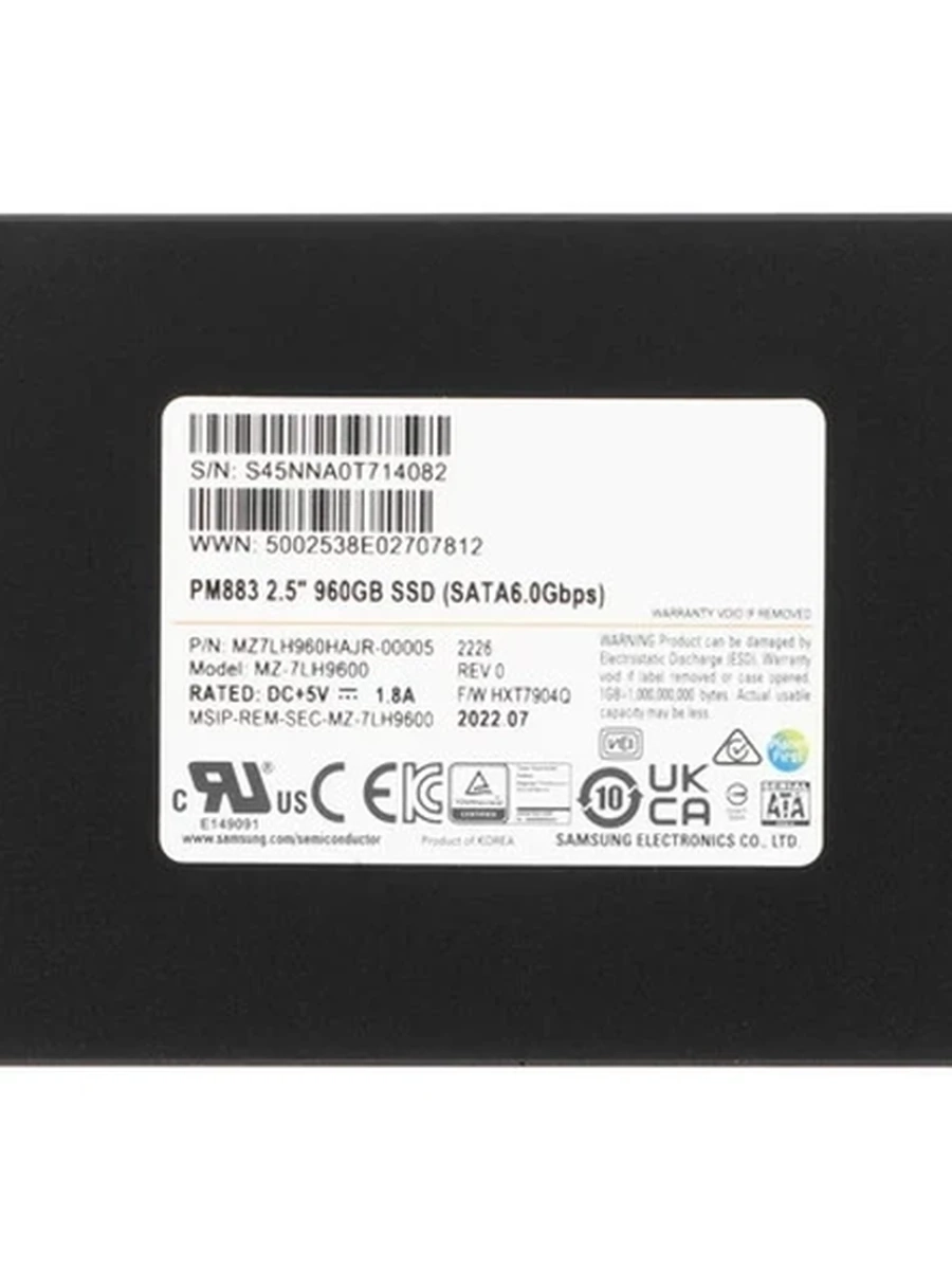 Твердотельный накопитель SSD 2.5" SATA-3 960Gb Samsung PM883 [MZ7LH960HAJR-00005] TLC 2D NAND (R550/W520MB/s) CN