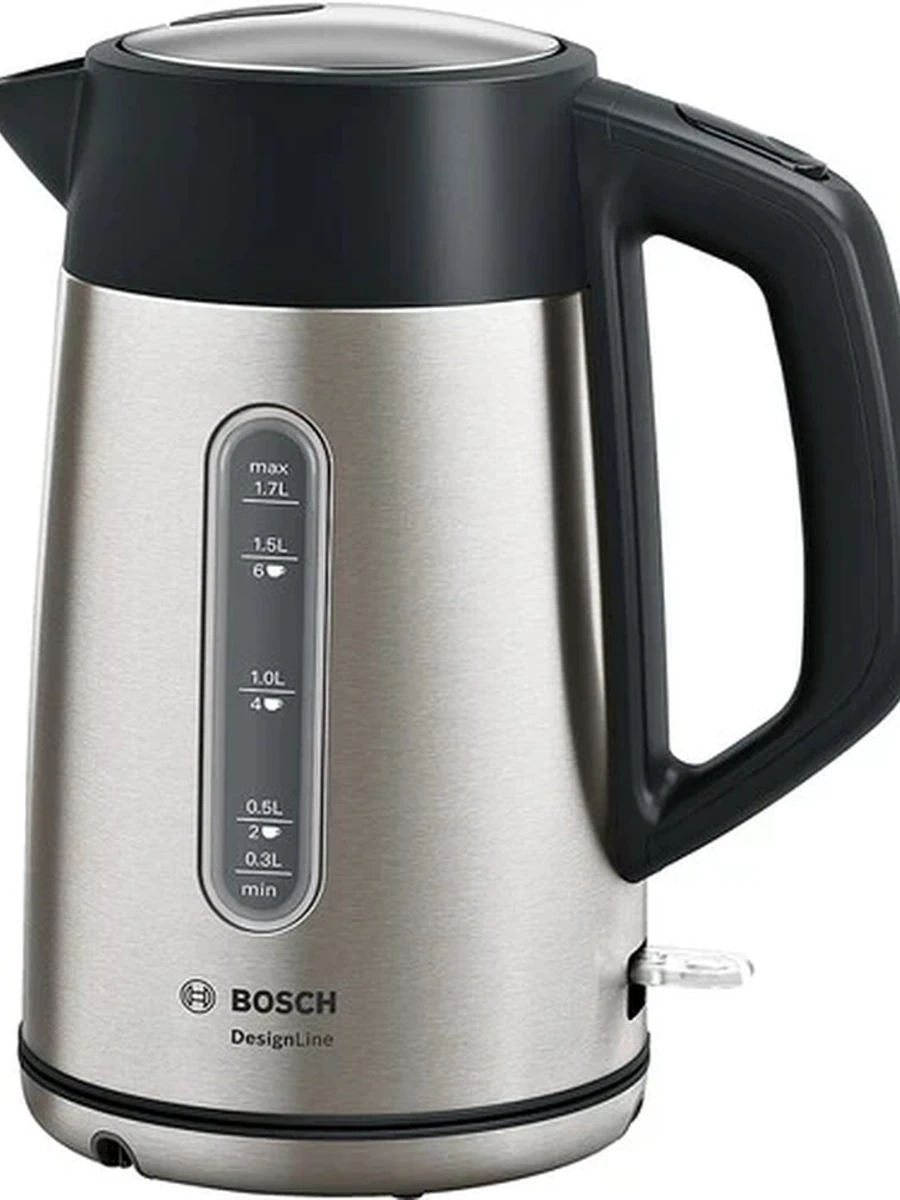 Электрочайник Bosch TWK 4P440 [нержавеющая сталь, 1.7 л, 2400 Вт, фильтр, скрытый нагревательный элемент, серебристый, черный]