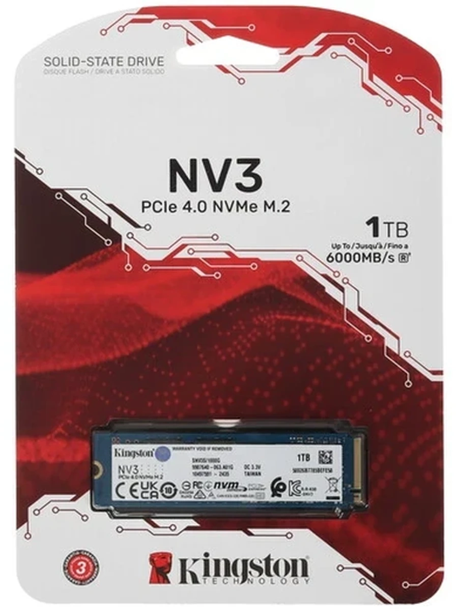 Твердотельный накопитель SSD M.2 2280 1Tb Kingston NV3 [SNV3S/1000G] TLC 3D NAND (R6000/W4000MB/s)