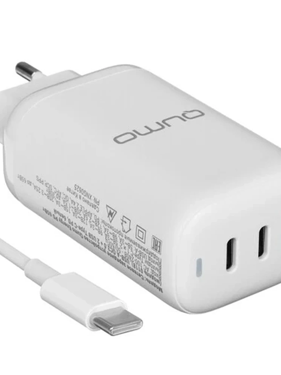 СЗУ QUMO Energy PD 65Вт, (модель 0118), порты: USB-A QC3.0 + 2 USB Type-C PD, в комплекте кабель PVC 1м, USB Type-C на USB Type-C 60Вт , белый