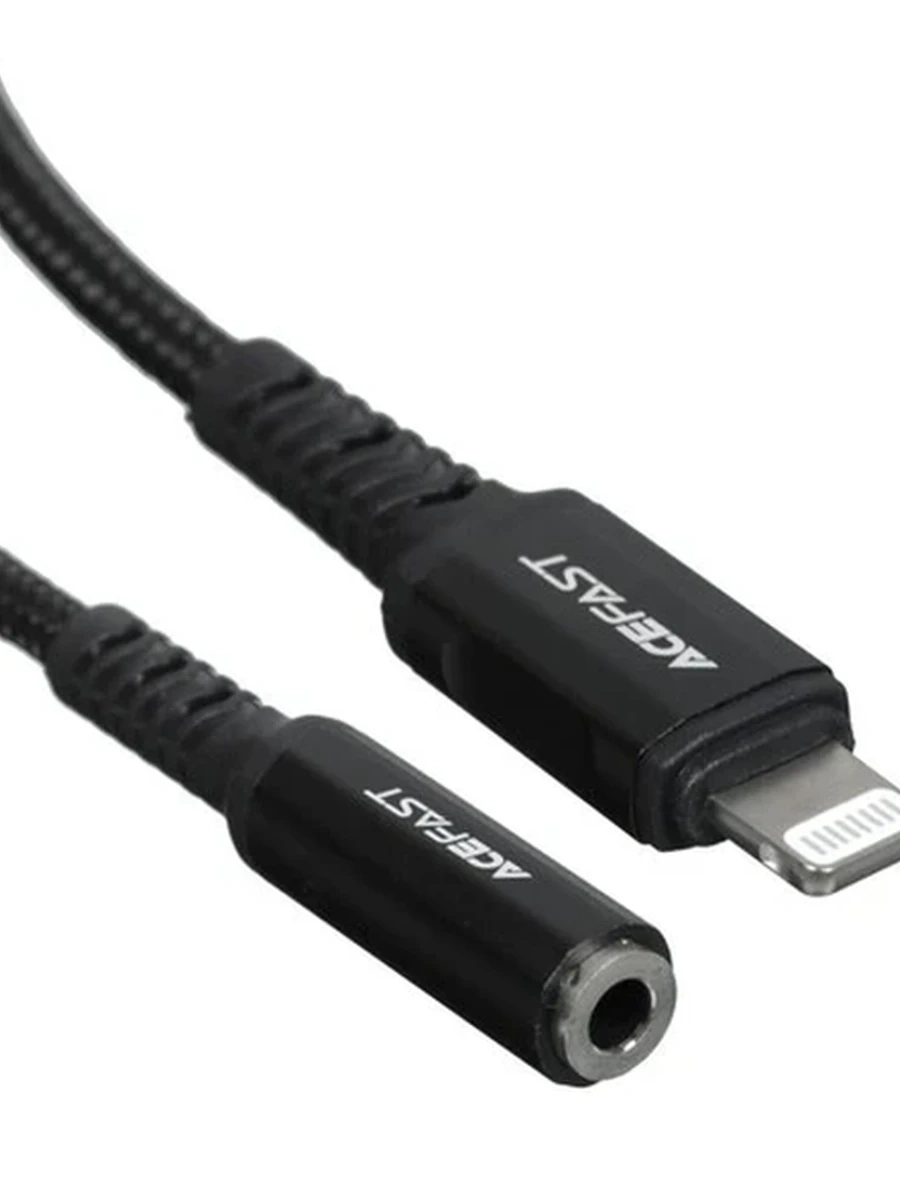 Кабель-переходник ACEFAST 8 pin (М) - jack 3,5 mm (F) (0,18м, MFI, Металлический коннектор, Нейлоновая оплетка, Круглый, Черный)