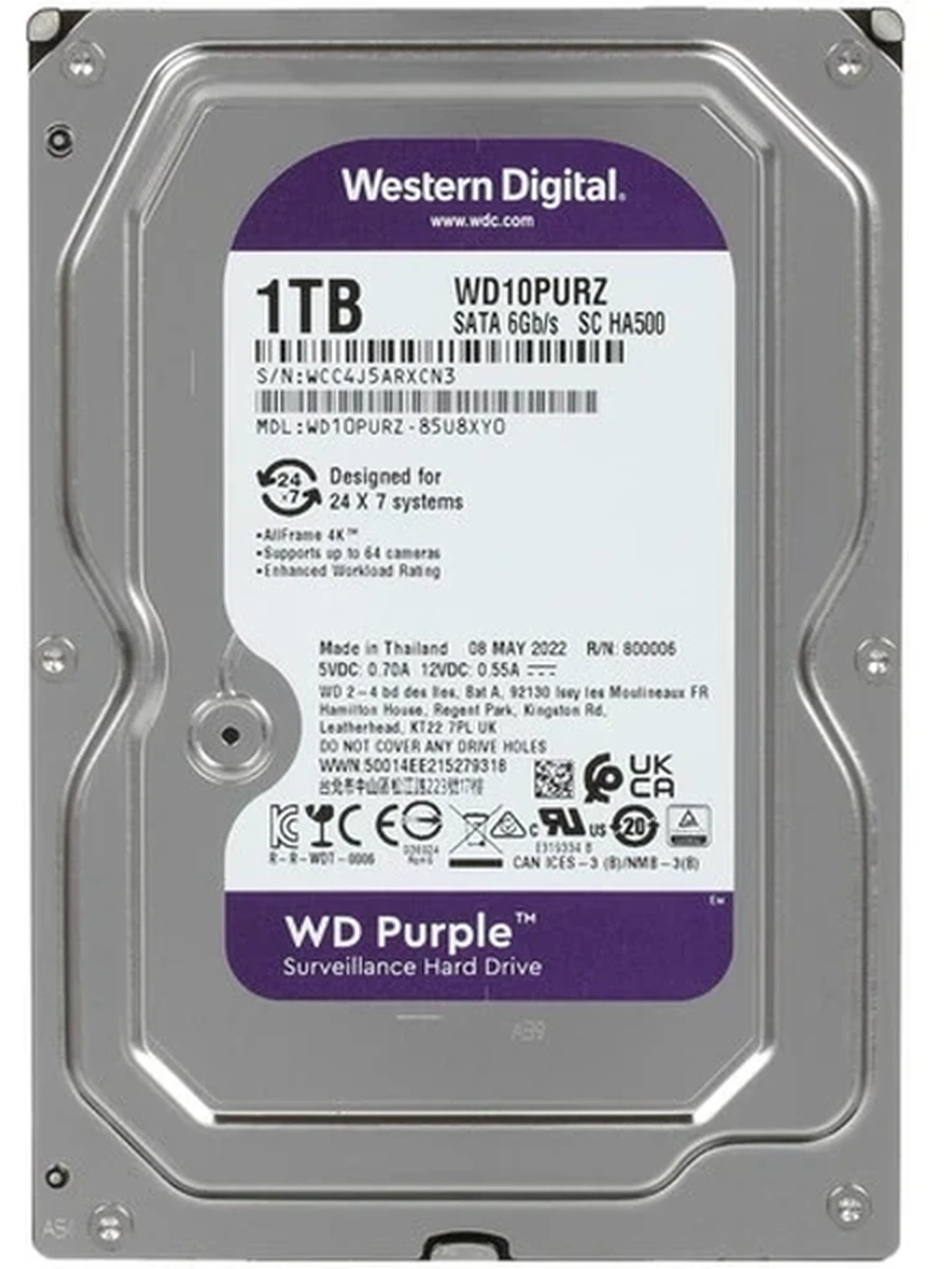 Жесткий диск SATA-3  1Tb WD Purple 5400rpm [WD10PURZ] Cache 64MB EU/CN