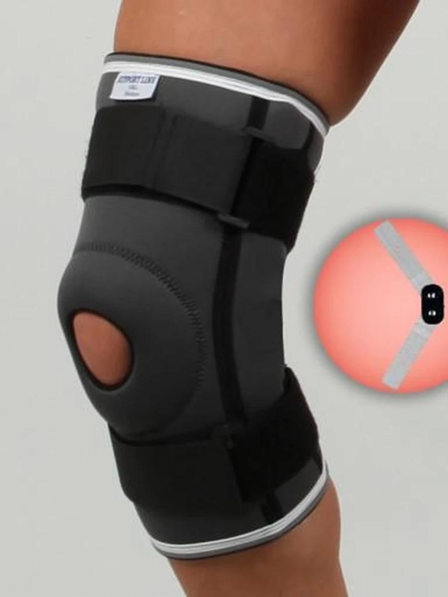 REF 104                                          Наколенник с отверстием для чашечки , c металическими боковыми шарнирами  и фиксмрующими лентами.   Неопрен.