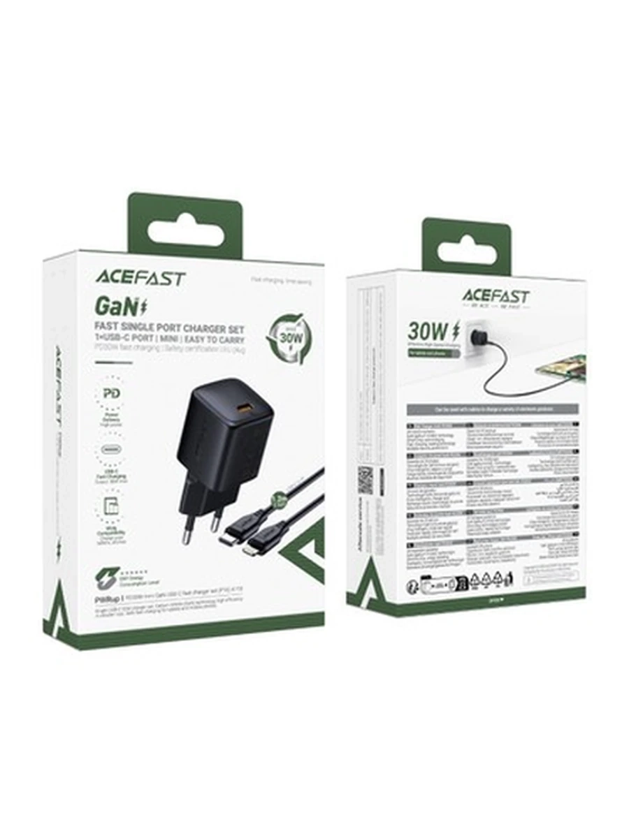 Сетовое Зарядное Устройство ACEFAST A118 PD30W mini GaN USB-C fast charger set (P16),black (EU)