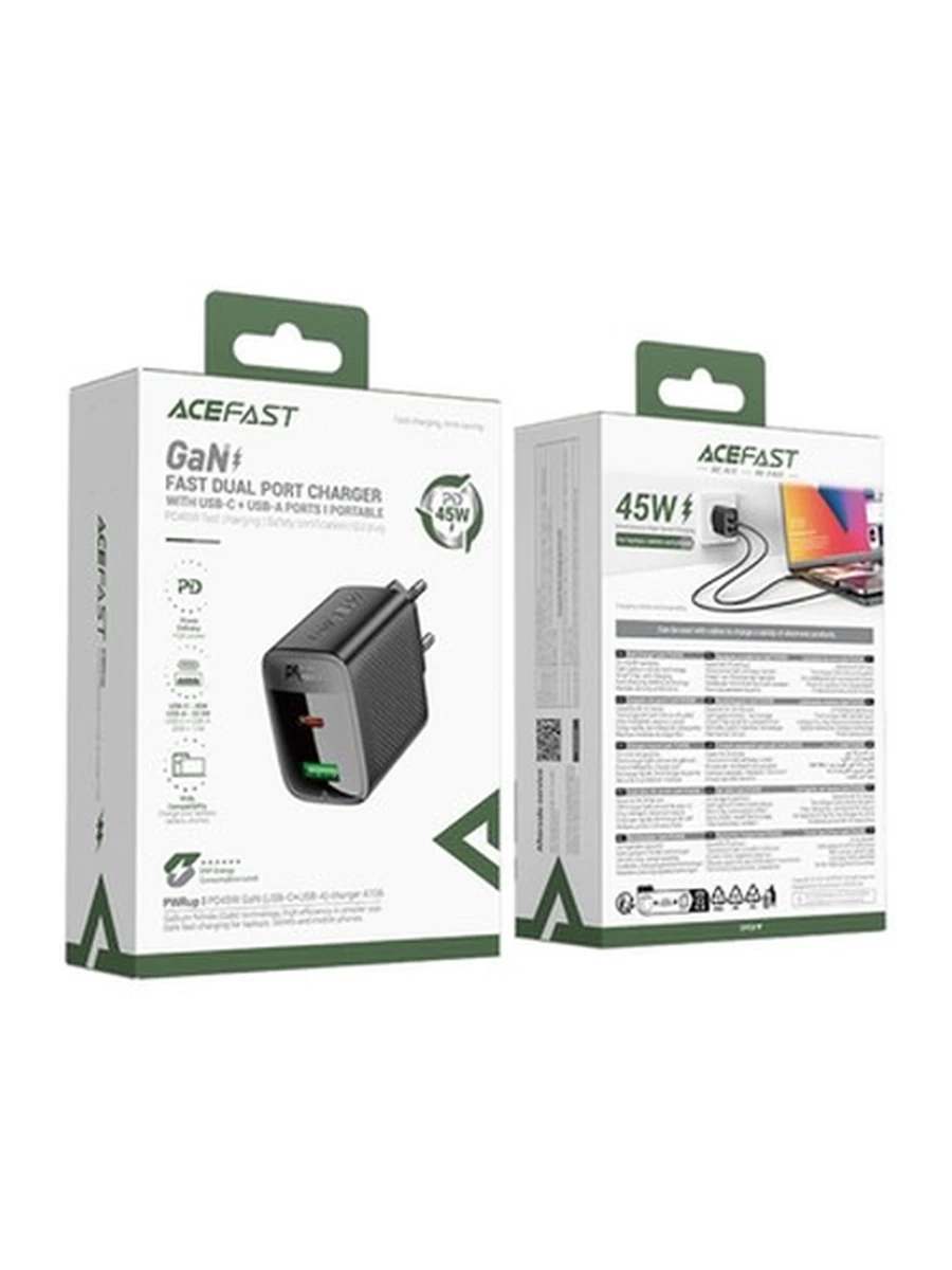 Сетевые адаптеры ACEFAST A106 PD45W GaN (USB-C+USB-A) charger,black (EU)