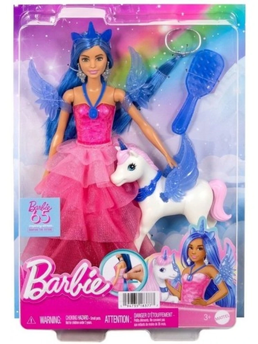 Кукла Barbie с синими волосами и сапфировым крылатым единорогом HRR16
