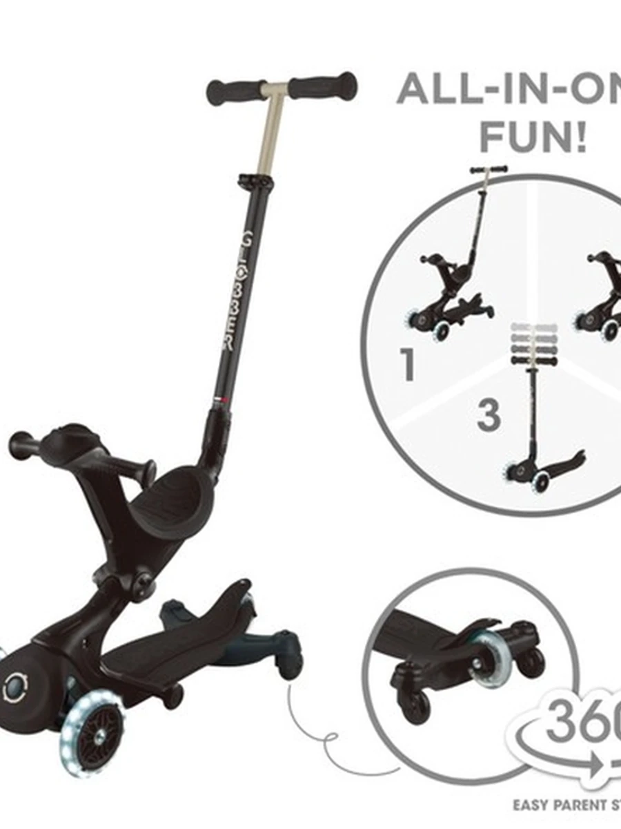 Детский самокат с сиденьем 3 в 1 Globber Go Up Deluxe Lights 360 , цвет Black