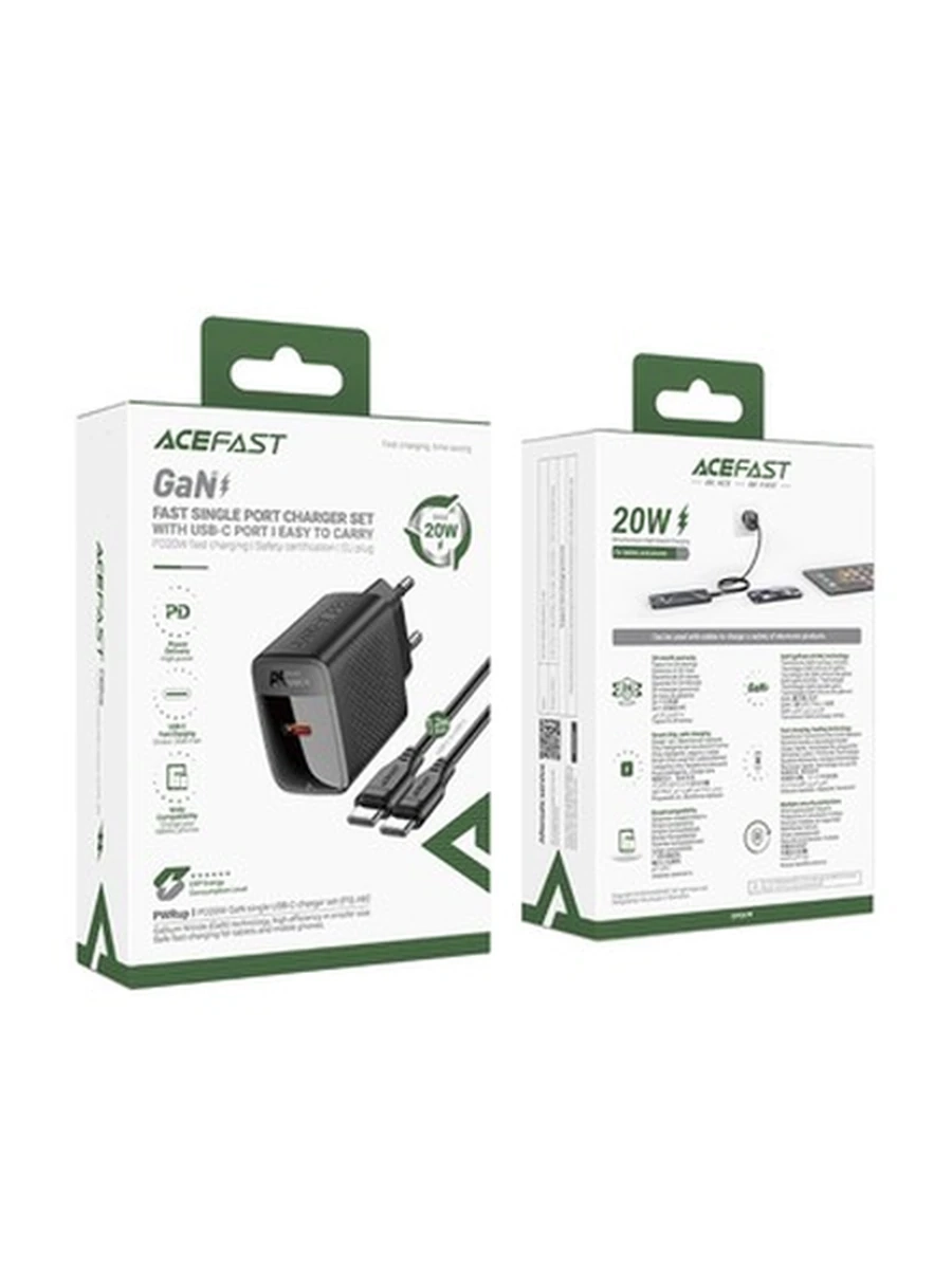 Сетовое Зарядное Устройство ACEFAST A82 PD20W GaN single USB-C lightningcharger set (P16),black (EU)