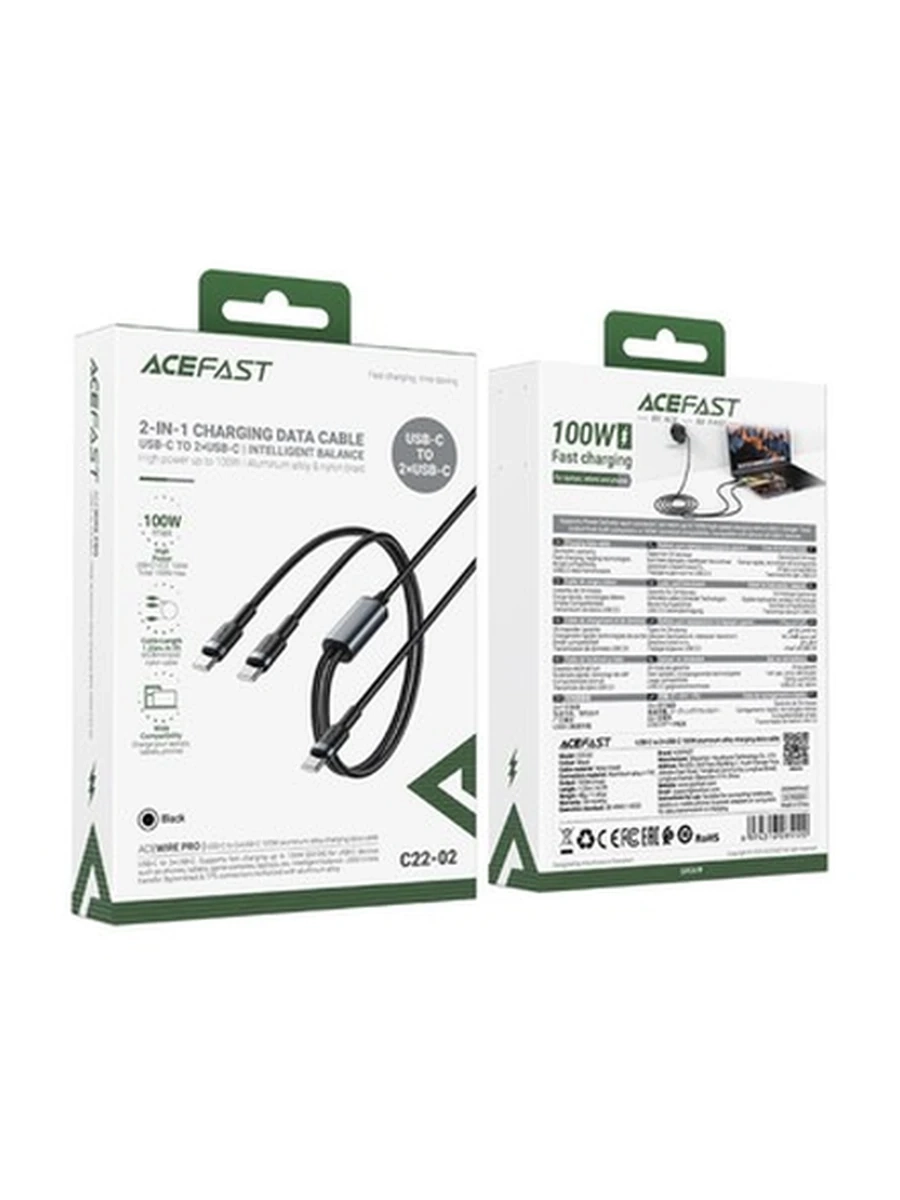 USB Кабель ACEFAST C22-02 USB-C to 2*USB-C 100W aluminum alloy charging data cable,blac