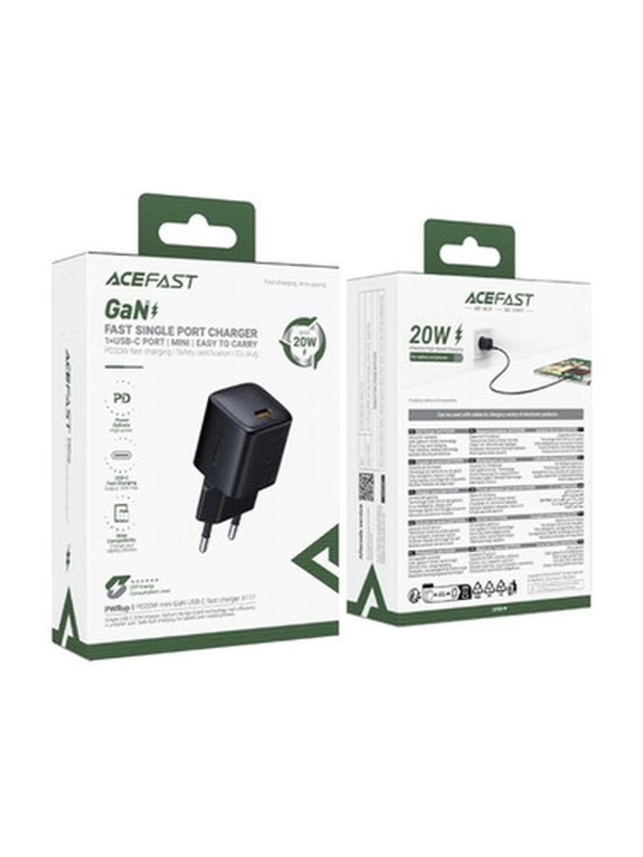 Сетевые адаптеры ACEFAST A117 PD20W mini GaN USB-C fast charger,black (EU)
