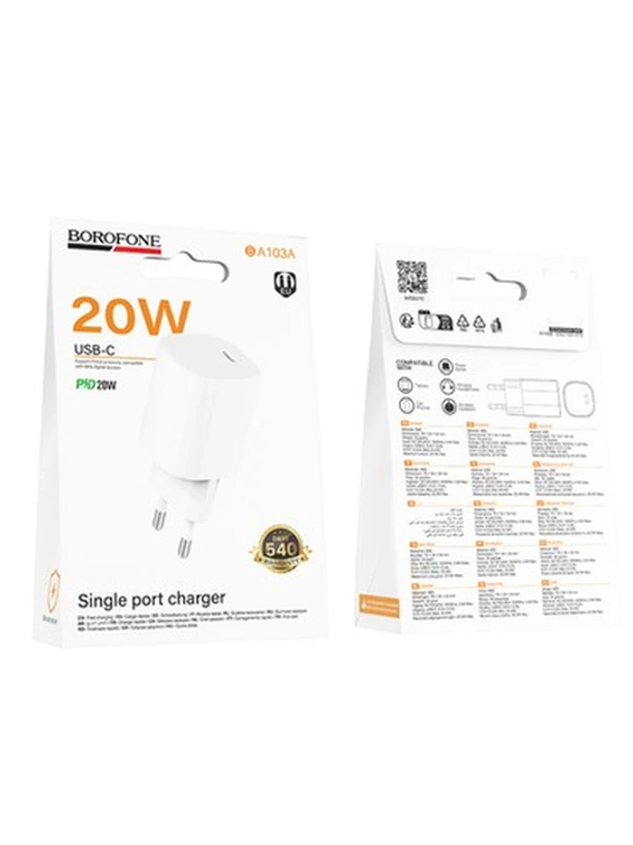 Сетевые адаптеры BOROFONE BA103A Pudding single port PD20W charger(EU) (White)