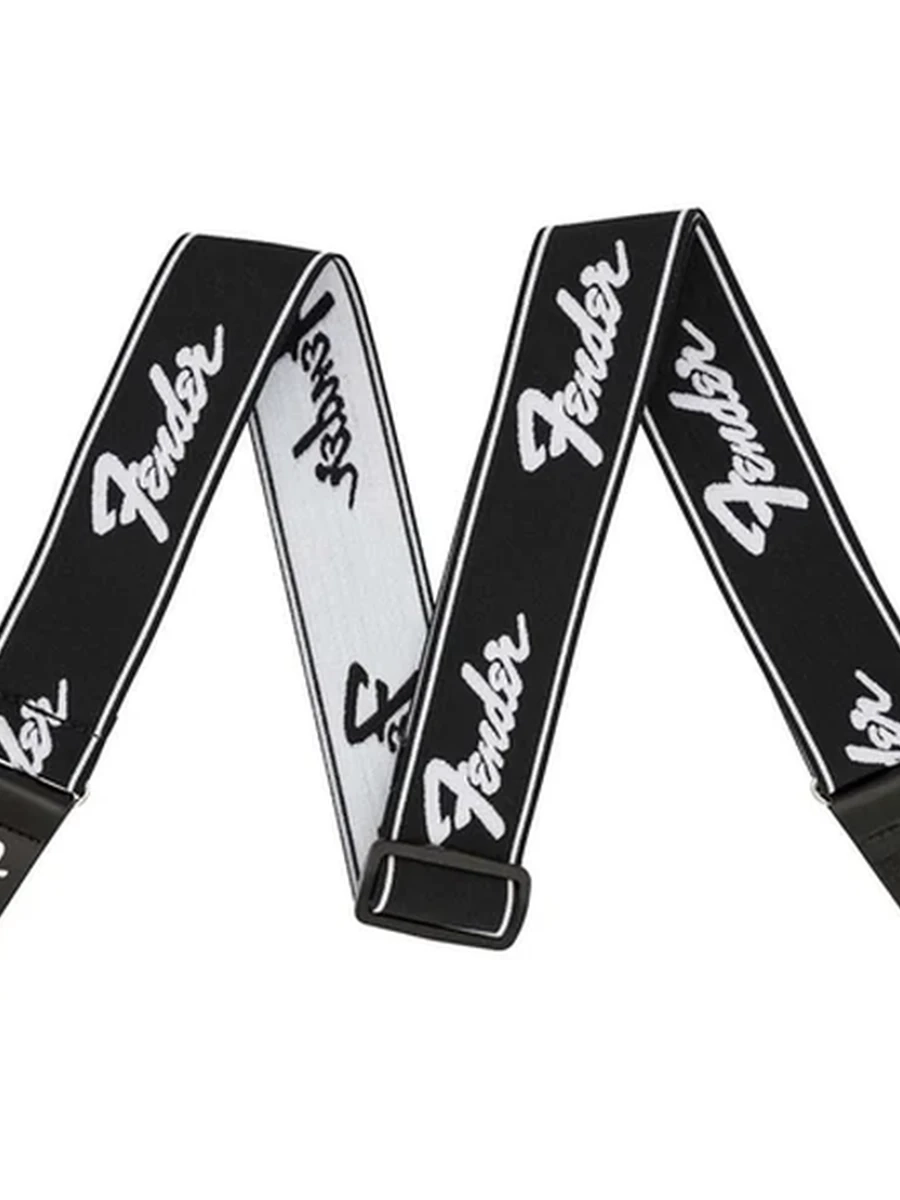 Fender WeighLess™ 2" Running Logo Strap, Black/White 099-0642-074 Fender