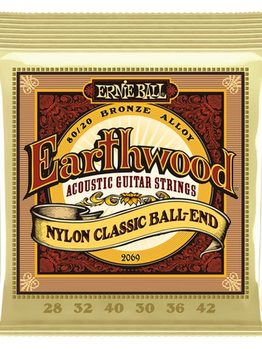 ErnieBall Классика 2069 - струны для классической гитары Earthwood 80/20 Folk Nylon (28-32-40-30w-36w-42w) Ernie Ball