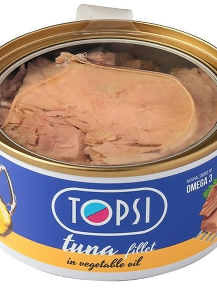 Topsi Филе тунца в масле Жестяная банка с прозрачной крышкой 180гр