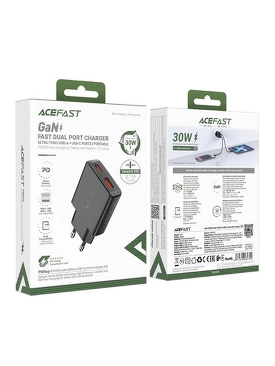 Сетевые адаптеры ACEFAST A69 PD30W GaN (USB-A+USB-C) ultra-thin charger,black (EU)